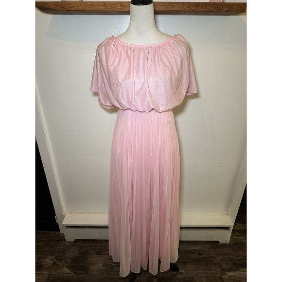 Vintage 1970s Bridesmaid Prom Rose Pleated Maxi Disco Gown Boho Dress Size M/L - Picture 2 of 7